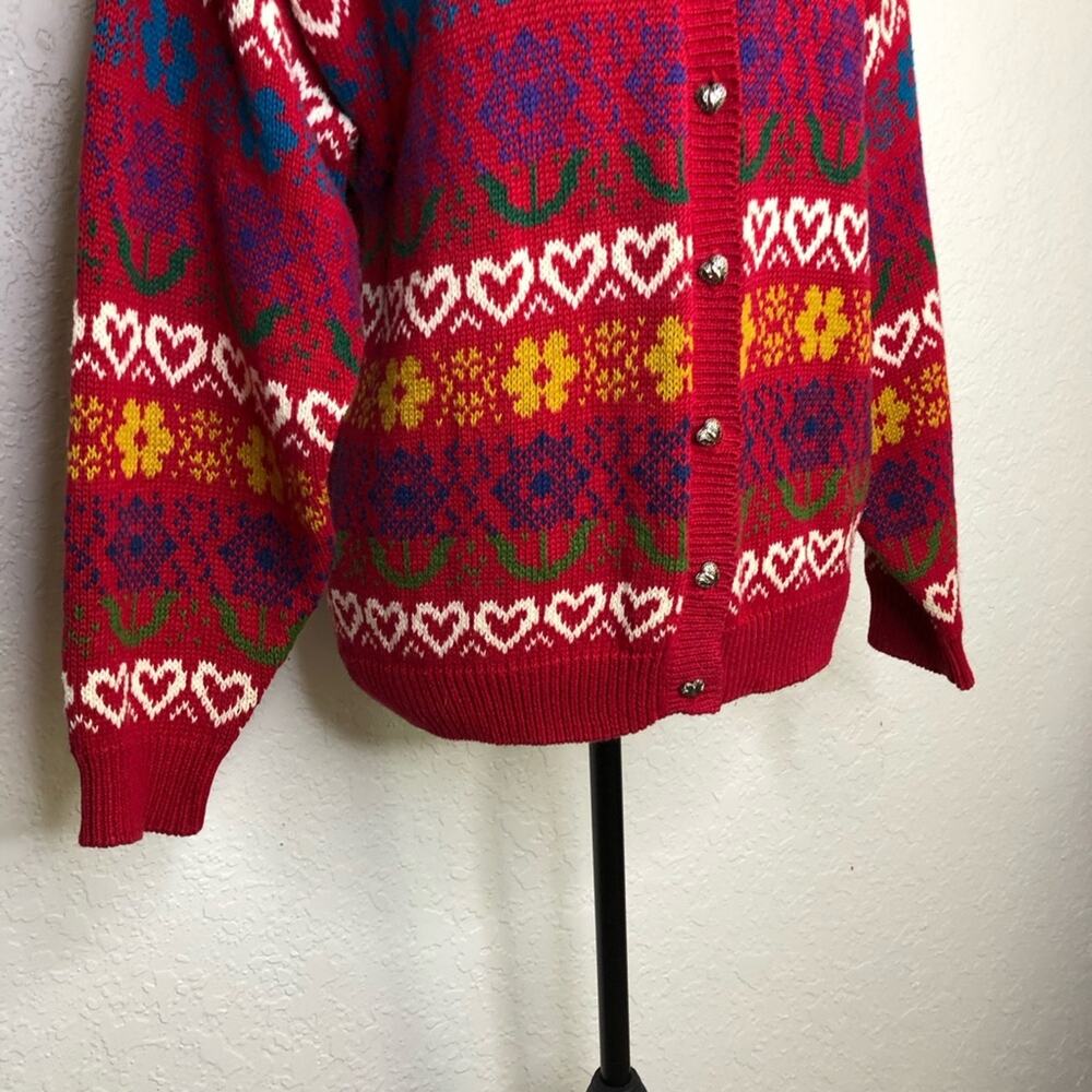 Vintage Northern Isles red heart floral knit button down cardigan size Large - Picture 3 of 16